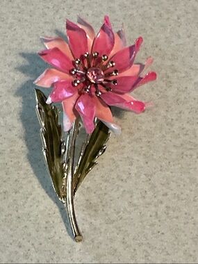 Vintage Coro Pink Flower Brooch with Green Leaves  pink rhinestone center (826)